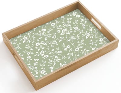 Dienblad hout 40x30 cm - Schootdienblad - Bloemen - Print - Groen - Wit - Borrelplank rechthoek - Plateau dienbladen