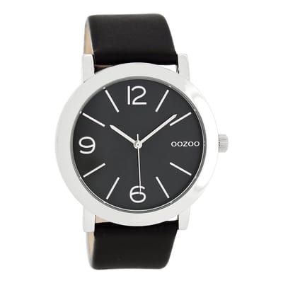 OOZOO Timepieces - Zilverkleurige horloge met zwarte leren band - C8714