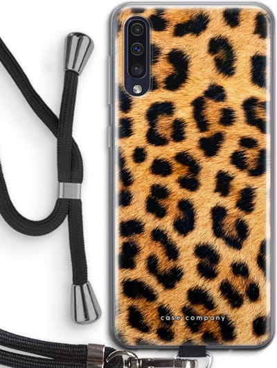 Case Company® - Hoesje met koord geschikt voor Samsung Galaxy A50 hoesje met Koord - Luipaard - Telefoonhoesje met Zwart Koord - Bescherming aan alle Kanten en Over de Schermrand