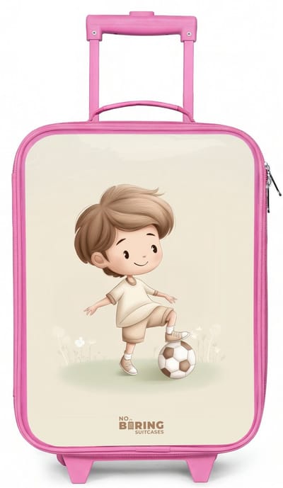 NoBoringSuitcases.com® - Kinderkoffer roze - Kindertrolley meisje - Jongen met een voetbal in bruine tinten - Koffer kind lichtgewicht - Reiskoffer trolley voor kinderen - Koffertje met lichtgevende wieltjes - Rolkoffer