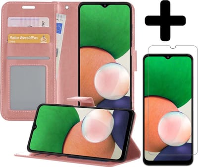 Hoesje - Met Screenprotector - Geschikt voor Samsung Galaxy A22 4G - Luxe Pasjeshouder - Bookcase Portemonee - Flip Case - Kunstleer Book Case - Flipcase - Book Cover - Walletcase - Portemonneehoes - Telefoonhoesjes - Rosé goud