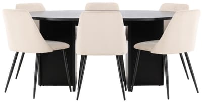 Strada eethoek uittrekbare tafel Ø120cm, 170cm en 6 stoelen zwart, beige.
