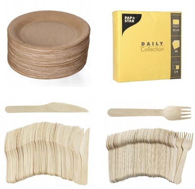 200 stuks x Houten wegwerp bestek set eco/milieubewust – 50 bruine kartonnen borden 23cm + 50 Vorken 16cm + 50 messen 16cm+ 50 servetten geel 32x32cm Feest/verjaardag/BBQ picknick