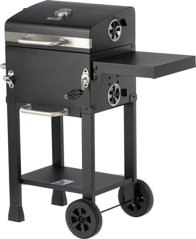 Charcoal Grill Deluxe Houtskoolbarbecue met Deksel - 39,5 x 29,5 cm - Verstelbaar Grillrooster - Ingebouwde Thermometer, Warmhoudrek & Wielen - Zwart