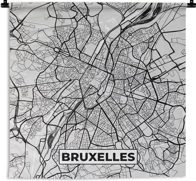 Wandkleed - Wanddoek - België – Brussel – Stadskaart – Kaart – Zwart Wit – Plattegrond - 150x150 cm - Wandtapijt