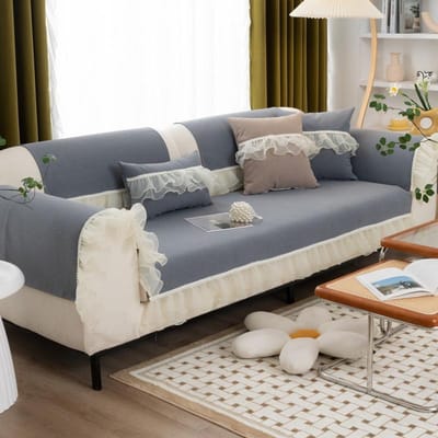 Housse de coussin de canapé en chenille quatre saisons de style girly en dentelle perlée, anti-rayures de chat, couleur unie, antidérapante 70*70cm