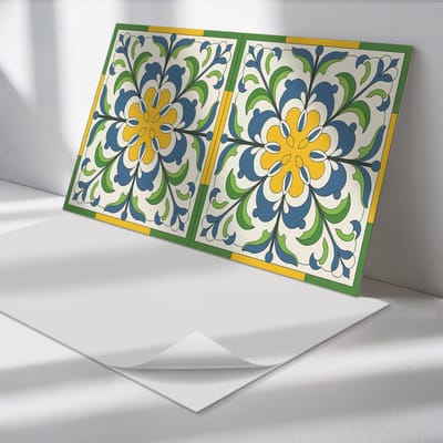 Wallfluent Vinyl Tegels - Bloemmotief met Bladeren Vinyl Wandtegels - 40 cm x 20 cm - Geel PVC Tegels - 10 stuks - Rechthoek PVC Tegels - Patroon Plaktegels - Wand PVC Tegels - Plaktegels Keuken en Badkamer