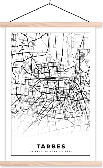 Posterhanger incl. Poster 40x60 cm - Schoolplaat - Kaart - Tarbes - Plattegrond - Frankrijk - Stadskaart - Zwart wit - Textielposter - Blanke latten - Stadskaart