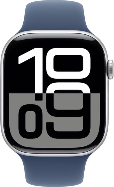 Apple Watch Series 10 - Wifi + 4G - 46mm - Zilveren Aluminium Case met Denim Sportbandje - M/L