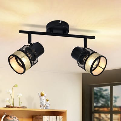 NETTLIFE Opbouwspot stof - E27 Fitting - 2 Lichts - zwart - Vintage Plafondlamp - draaibar 330° Plafondspot - Metaal - met gouden stoffen Lampkap - voor Woonkamer | Slaapkamer | Keuken | Gang - MAX.25W-excl. lichtbron