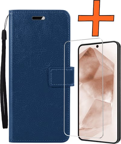 Hoes - Met Screenprotector - Geschikt voor Samsung Galaxy A55 - Luxe Pasjeshouder - Bookcase Portemonee - Flip Case - Kunstleer Book Case - Flipcase - Book Cover - Walletcase - PortemonneeHoes - Donkerblauw