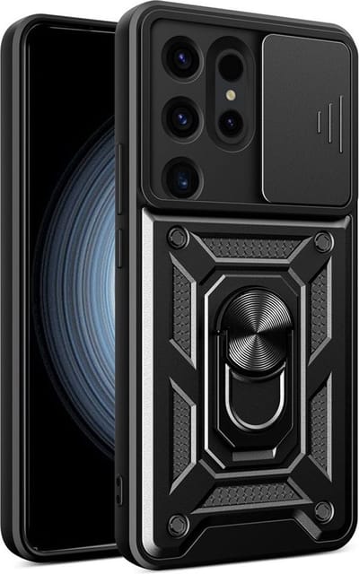 MobyDefend Hoesje - Geschikt voor Samsung Galaxy S24 Ultra - Pantsercase Met Draaibare Ring - Zwart