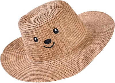 Decopatent - Zonnehoed Kind Meisjes - Zomerhoed met vrolijk gezicht en oren - Kinderhoed - Strohoed UV - Strandhoed Hoofddeksel - Hoed voor Kinderen - Maat: 50-52 Kleur: Licht Bruin