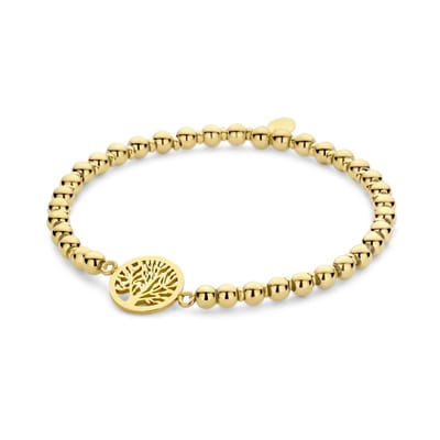 CO88 Collection 8CB-91259 Stalen Bolletjes Armband Met Hangertje - Rekbaar - Levensboom 12mm - Bolletjes 4mm - Staal - Goudkleurig