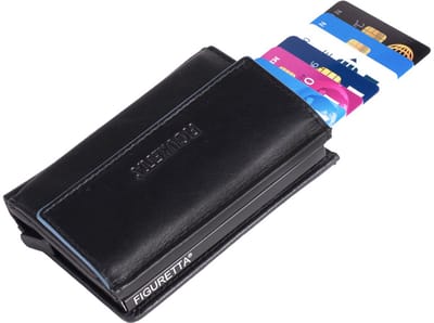 Figuretta Heren Portemonnee Leer met Creditcardhouder - RFID Cardprotector met Munt- en Briefgeldvak - Blue-Line - Zwart