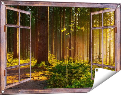 Gards Tuinposter Doorkijk Bos met Zon tussen de Bomen - 90x60 cm - Tuindoek - Tuindecoratie - Wanddecoratie buiten - Tuinschilderij