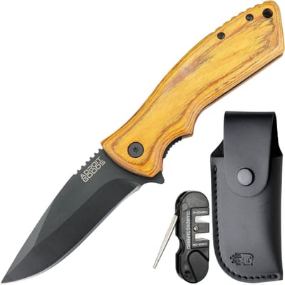 AdroitGoods RVS zakmes met geel sandelhout, incl. hoes en slijptool - Hoogwaardig Opvouwbaar Zakmes – 8.1 cm RVS Snede, Hardhout Handgreep & Tactische Constructie voor Outdoor, Survival, Kamperen en Dagelijks Gebruik