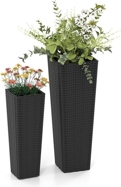KOMFOTTEU Set van 2 hoge plantenbakken, grote conische plantenbakken met binnenplanken, drainagegaten, decoratieve PP-bloempotten voor veranda, terras, tuin, achtertuin