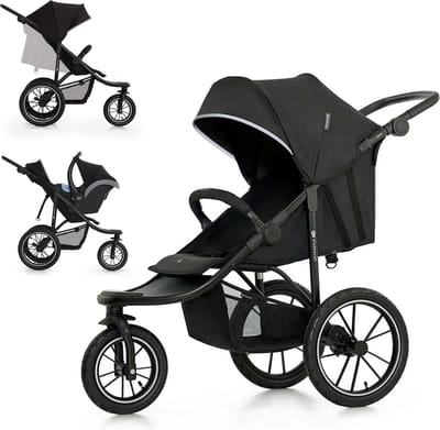 Kinderkraft HELSI 2 Wandelwagen – All-terrain Tot 27 kg – 3 Opblaasbare Wielen – Vering Achterwielen – Verstelbare Rugleuning – Zwart