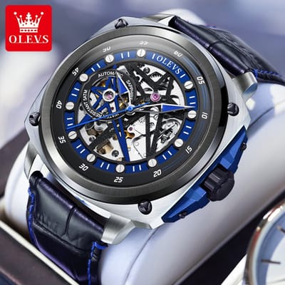 HO-6682.bl : OLEVS blauw/zwart Gemini Square, dubbele ster Skeleton, edelstalen horloge, Tourbillon, automatisch & handmatig opwindbaar, 5 ATM, leren band