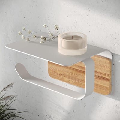 Ontwerper Toiletrolhouder "Leif" - Met Plank - Wandgemonteerd & Zelfklevend - Roestvrij Staal & Echt Bamboe Hout - Badkamer Accessoire - Mat Wit