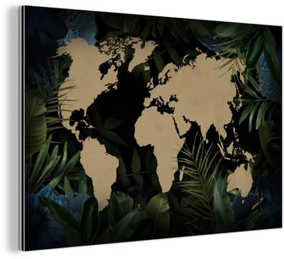 Aluminium schilderij 120x80 cm - Wanddecoratie metaal - Wereldkaart - Zwart - Bladeren - Metalen muurdecoratie woonkamer - Decoratie industrieel - Foto op dibond - Industriële accessoires slaapkamer