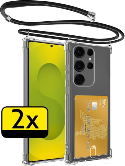Hoesje Geschikt voor Samsung S25 Ultra Telefoonhoesje Met Koord Case Pashouder Siliconen - Hoes Geschikt voor Samsung Galaxy S25 Ultra Hoesje Met Kaarthouder - Transparant - 2 Stuks