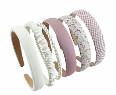Set van 6 haarbanden voor dames en meisjes – elegante diadeem set in crème, roze en bloemmotief – haaraccessoires met parels, stof en satijn