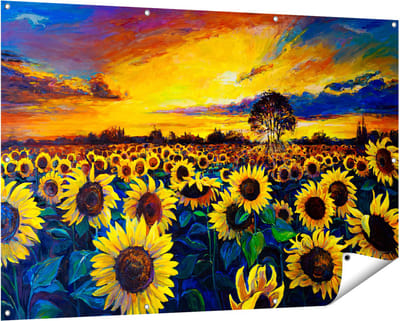 Gards Tuinposter Getekende Zonnebloemen Veld met Olieverf - 150x100 cm - Tuindoek - Tuindecoratie - Wanddecoratie buiten - Tuinschilderij