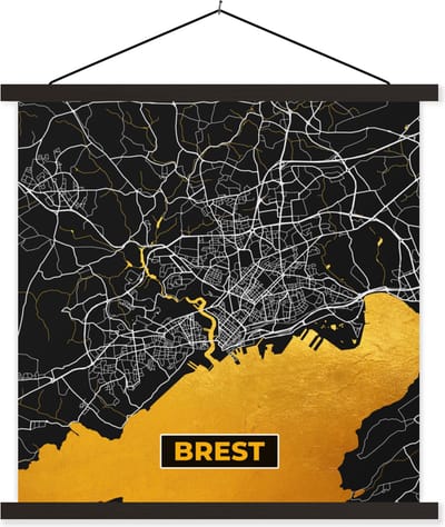 Posterhanger incl. Poster 60x60 cm - Schoolplaat - Frankrijk – Brest – Stadskaart – Plattegrond – Kaart - Textielposter - Zwarte latten - Stadskaart