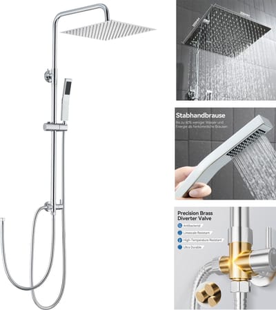 Auralum Max Douche Set - Douchesysteem Met omstelling - Regendouche - 12 inch Douchekop - Verstelbare Hoogte 72-110 cm - Waterbesparend - Chroom