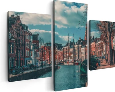 Artaza Canvas Schilderij Drieluik Gracht in Groningen - 90x60 cm - Wanddecoratie Woonkamer - Schilderijen - Muurdecoratie