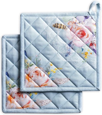 100% katoenen set met 2 pannenlappen BBQ | koken | bakken | magnetron | grillen | lente / zomer | Pasen (blauw, 20 cm x 20 cm)