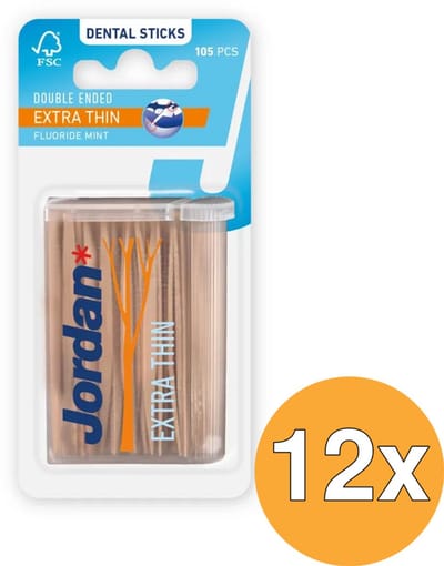 Jordan - Dental Sticks - Extra dunne tandenstokers - 105 Stokers - Voordeelverpakking - 12 stuks