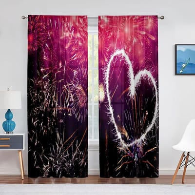 Vuurwerk en Knallers Festival Thema Liefde Hart Roze Tule Gordijnen voor Woonkamer Decor Chiffon Transparant Voile Slaapkamer Gordijn 1 PCS W100XH250cm&Grommet Top