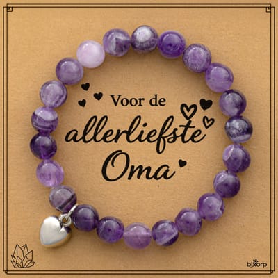 Bixorp Droom Amethist Armband op Cadeau Kaartje - Voor de Allerliefste Oma - Met Hartje Hanger - 8mm / 18cm Edelsteen Kralenarmband - Inclusief Cadeau Envelop