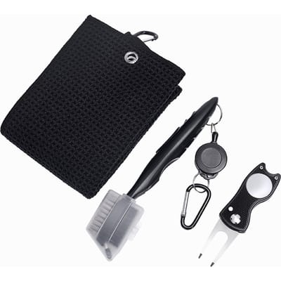 Ensemble d'outils de nettoyage de golf Conception à boucle Serviette de golf double face Brosse de golf pliable Outil de réparation de divot de golf noir