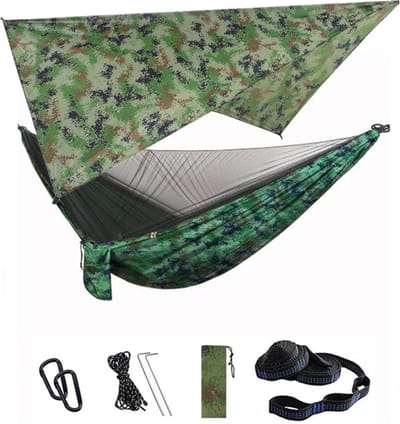 Kampeerhangmat met net - Nylon hangmat - Buiten ontspannen - Geïntegreerd muggennet - 290x140 cm - Camouflage