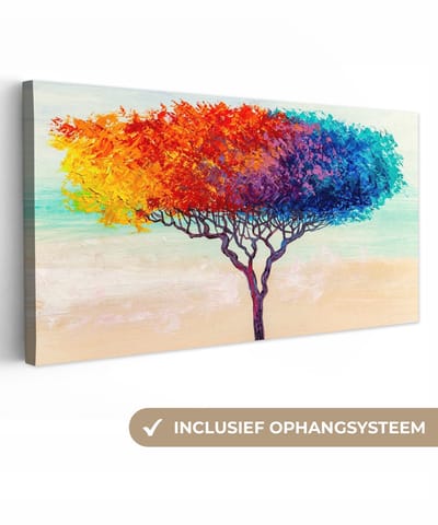 Canvas - Olieverf - Schilderij - Boom - Regenboog - 40x20 cm - Schilderijen op canvas - Muurdecoratie