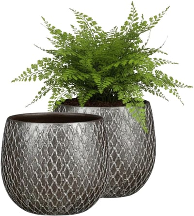 Mica decorations Bloempot / plantenpot Madeira - 2x - zilver - terracotta - 18 x 18 cm - schubbenpatroon