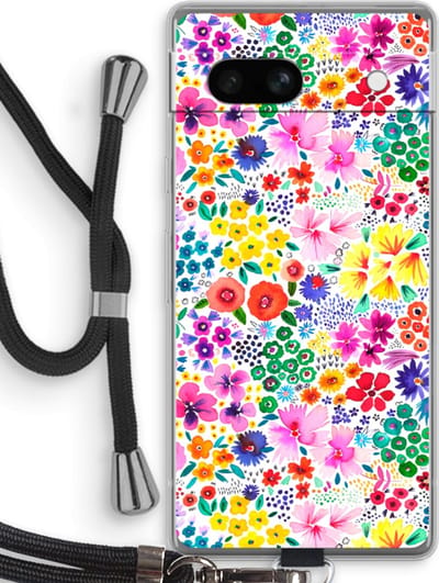 Case Company® - Hoesje met koord geschikt voor Google Pixel 7A hoesje met Koord - Little Flowers - Telefoonhoesje met Zwart Koord - Bescherming aan alle Kanten en Over de Schermrand