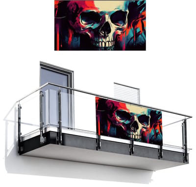 Balkonscherm 200x110 cm - Balkonposter Schedel - Abstract - Rood - Blauw - Graffiti - Balkon scherm decoratie - Balkonschermen - Balkondoek zonnescherm