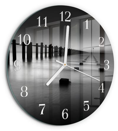 Tulup Wandklok - Zee Klok Glas Met Opdruk - 30fi cm - Zwart Moderne Wandklok Glas - Witte Handen - Ronde Wandklok - Wandklok Glas Decoratie - Gekleurde Glazen Klok