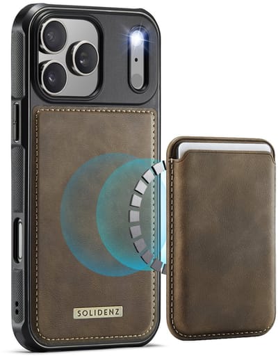 Geschikt voor iPhone 17 Pro Hoesje met pasjeshouder - Solidenz MagSafe compatibel Wallet Backcover - 3 Kaarten - Schokbestendig - Bruin