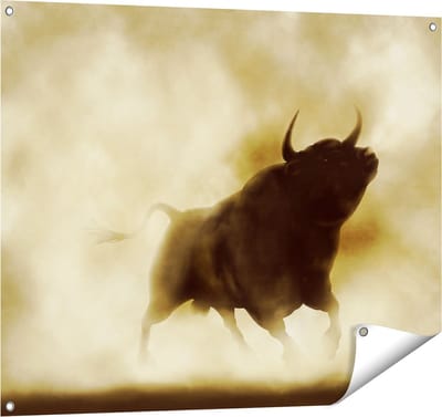 Gards Tuinposter Zwarte Stier in het Stoffige Rook - 100x80 cm - Tuindoek - Tuindecoratie - Wanddecoratie buiten - Tuinschilderij