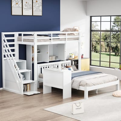 MODFU Etagenbed – 90x200 & 140x200 cm – Massief hout en MDF – Met opbergtrap & planken – Wit