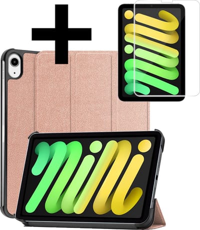 Hoes - Geschikt voor Apple iPad Mini 7 (2024) - 8.3 inch - 7e Generatie - Met Screenprotector - Trifold Bookcase - Hard Cover - Hardcover Book Case - Tablet Hoesje - Rosé goud