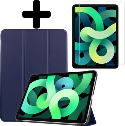 Hoes - Geschikt voor Apple iPad Air 5 (2022) - 10.9 inch - 5e Generatie - M1 - Met Screenprotector - Trifold Bookcase - Hard Cover - Hardcover Book Case - Tablet Hoesje - Donkerblauw
