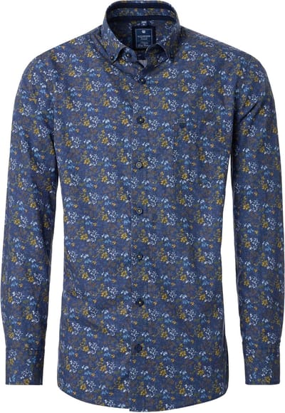 Redmond modern fit overhemd - popeline - donkerblauw met geel en bruin dessin - Strijkvriendelijk - Boordmaat: 39 - 40