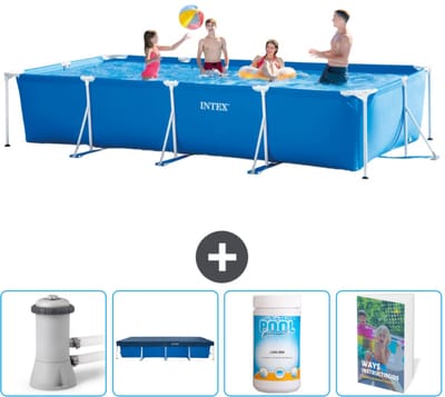 Intex Rechthoekig Frame Zwembad - 450 x 220 x 84 cm - Blauw - Inclusief Zwembadfilterpomp - Afdekzeil - Chloor - Zwembadgids